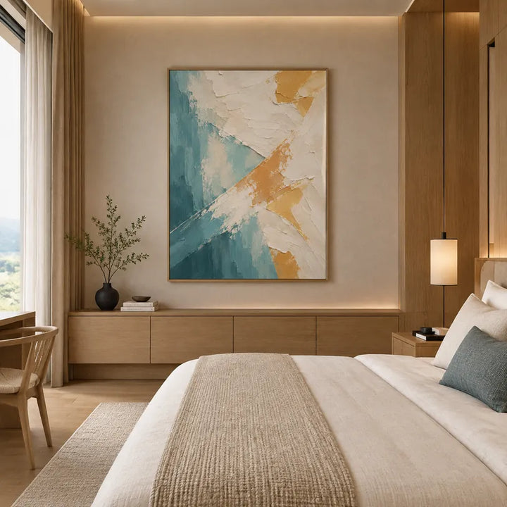 Pittura a olio minimalista astratta e concettuale con segni astratti stratificati, consistenza e movimento pittorico espressivo in una tavolozza beige.