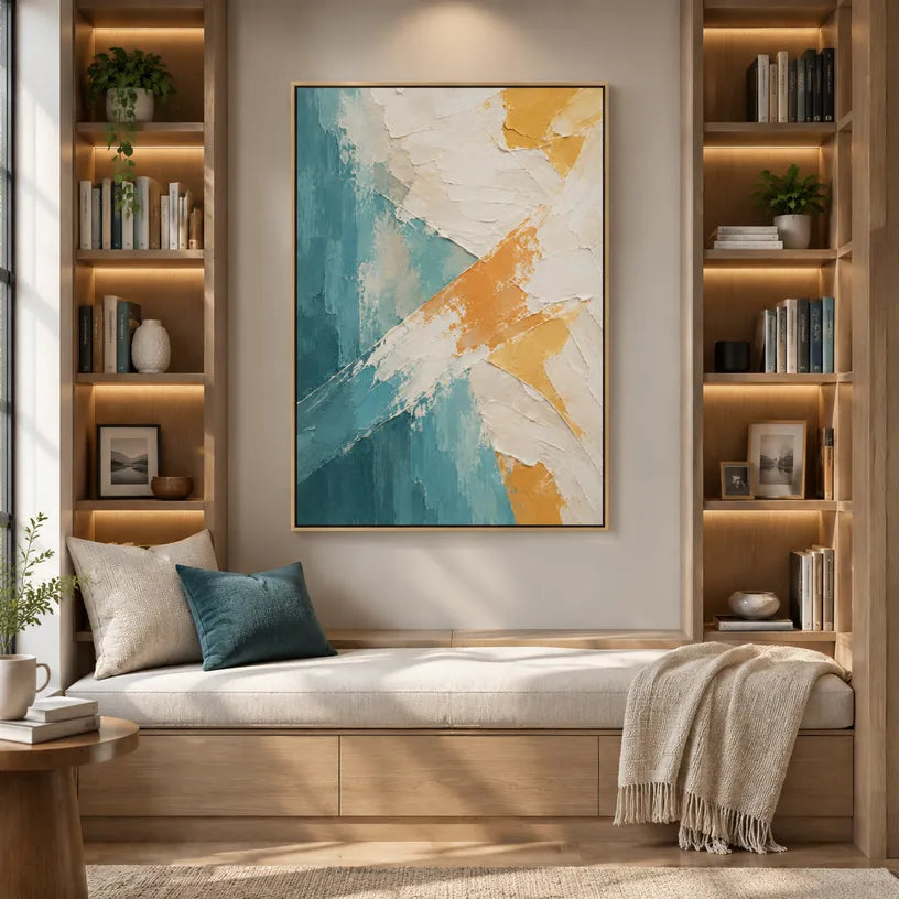 Pintura al óleo minimalista abstracta y conceptual que presenta marcas abstractas en capas, textura y movimiento pictórico expresivo en una paleta beige.