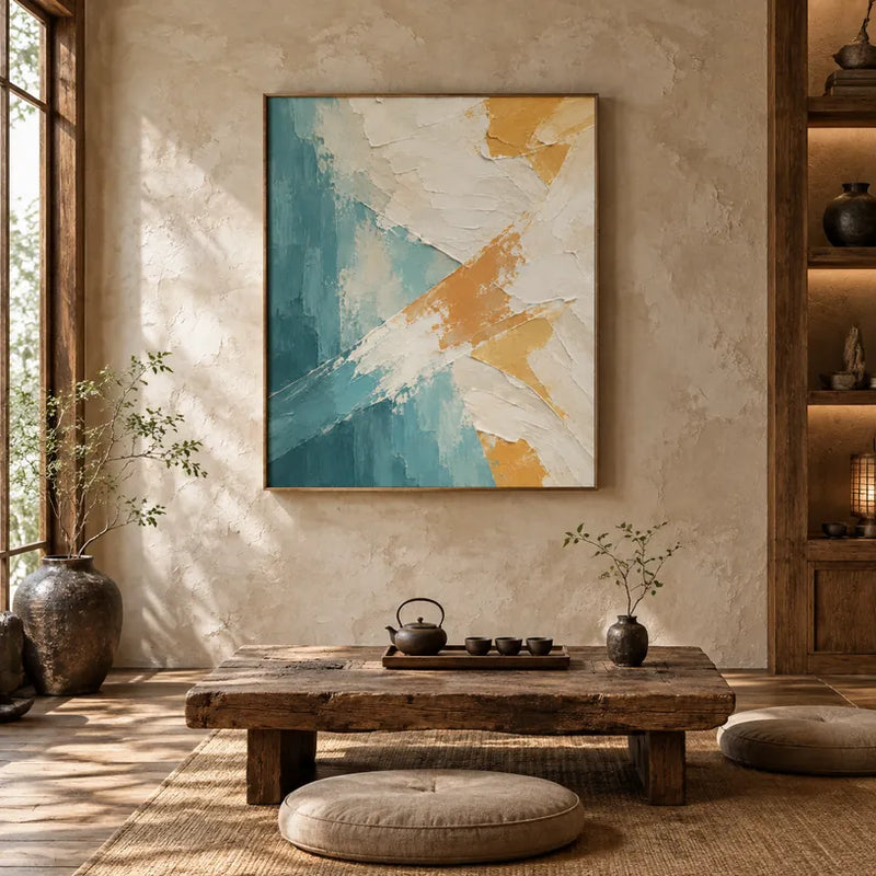 Pintura al óleo minimalista abstracta y conceptual que presenta marcas abstractas en capas, textura y movimiento pictórico expresivo en una paleta beige.