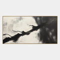 Pintura al óleo minimalista abstracta y conceptual que presenta marcas abstractas en capas, textura y movimiento pictórico expresivo en una paleta de blanco y negro.