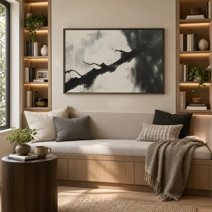 Pittura a olio minimalista astratta e concettuale con segni astratti stratificati, consistenza e movimento pittorico espressivo in una tavolozza in bianco e nero.