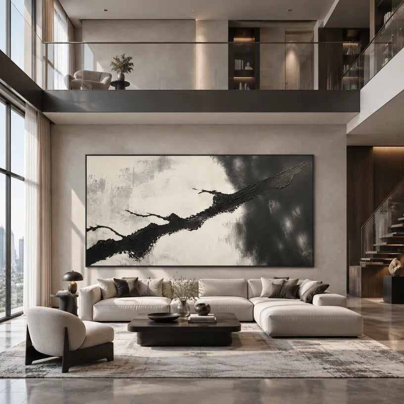 Pintura al óleo minimalista abstracta y conceptual que presenta marcas abstractas en capas, textura y movimiento pictórico expresivo en una paleta de blanco y negro.
