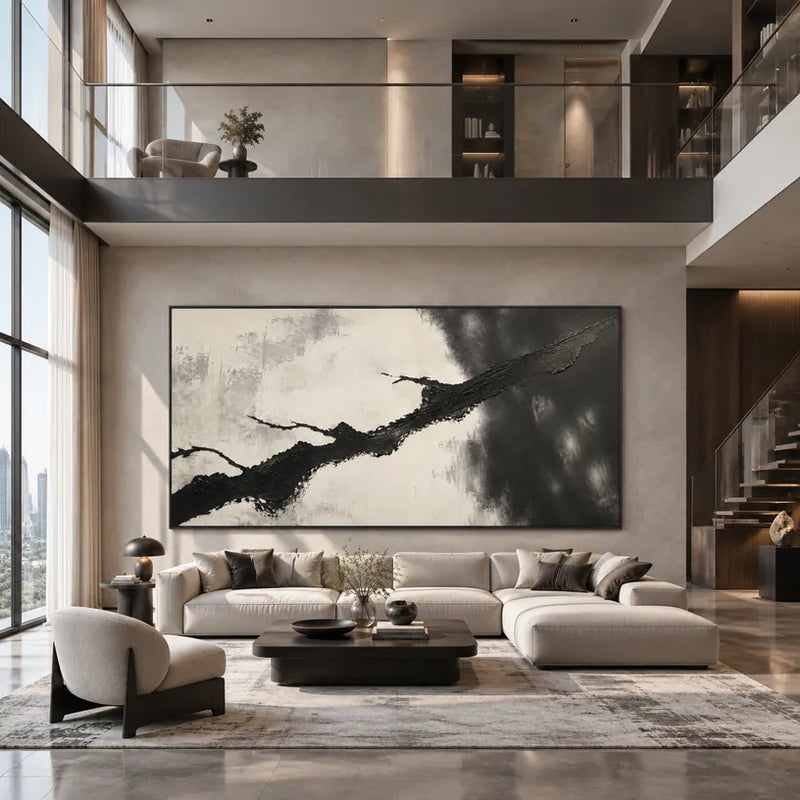 Pintura al óleo minimalista abstracta y conceptual que presenta marcas abstractas en capas, textura y movimiento pictórico expresivo en una paleta de blanco y negro.