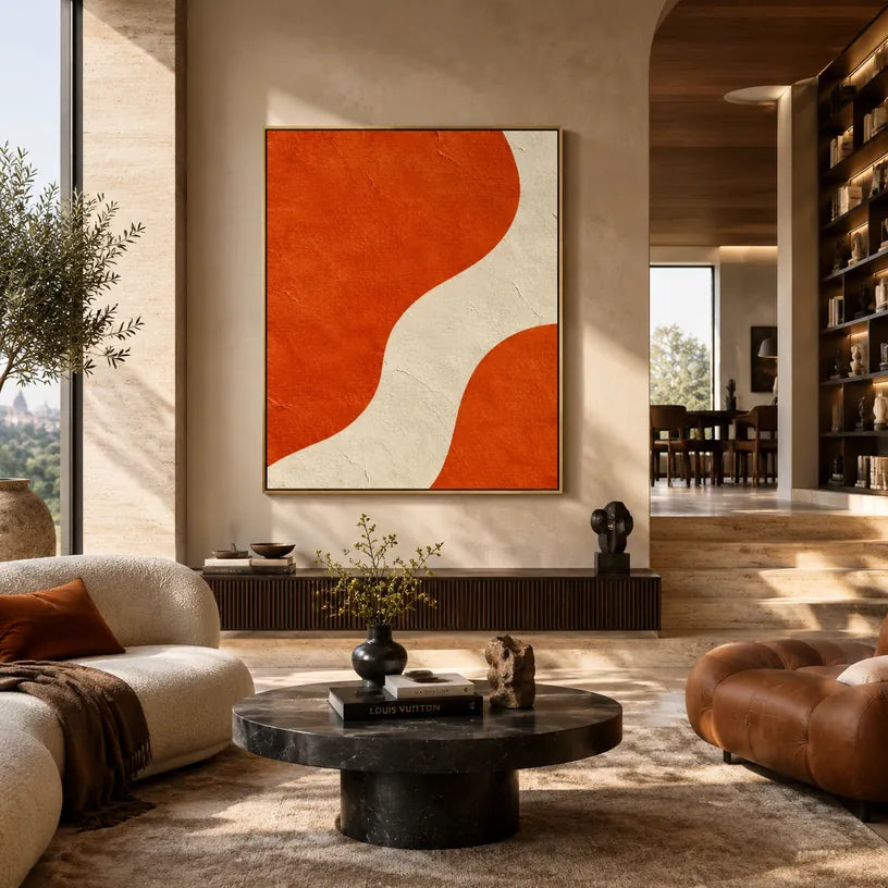 Pittura a olio minimalista astratta e concettuale con segni astratti stratificati, consistenza e movimento pittorico espressivo in una tavolozza arancione.