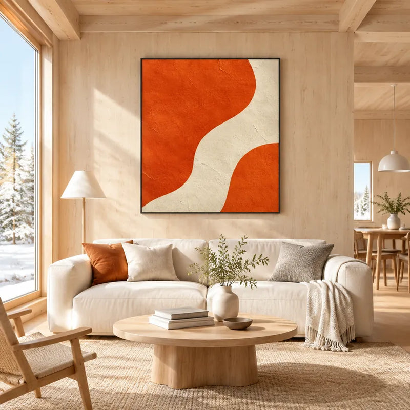 Pittura a olio minimalista astratta e concettuale con segni astratti stratificati, consistenza e movimento pittorico espressivo in una tavolozza arancione.