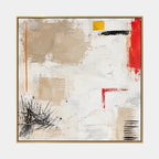 Pintura al óleo minimalista abstracta y conceptual que presenta marcas abstractas en capas, textura y movimiento pictórico expresivo en una paleta beige.