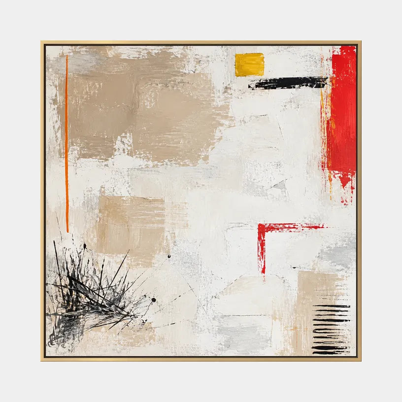 Pittura a olio minimalista astratta e concettuale con segni astratti stratificati, consistenza e movimento pittorico espressivo in una tavolozza beige.