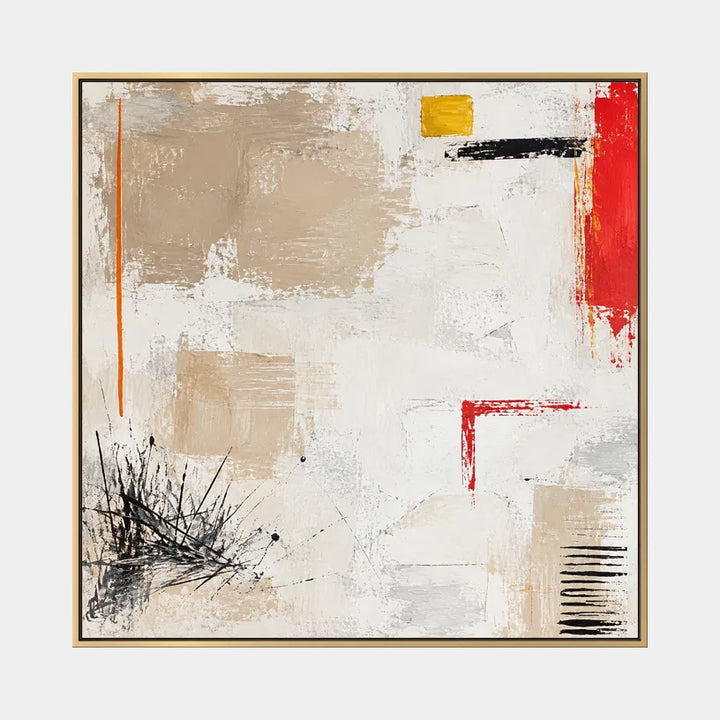 Pittura a olio minimalista astratta e concettuale con segni astratti stratificati, consistenza e movimento pittorico espressivo in una tavolozza beige.