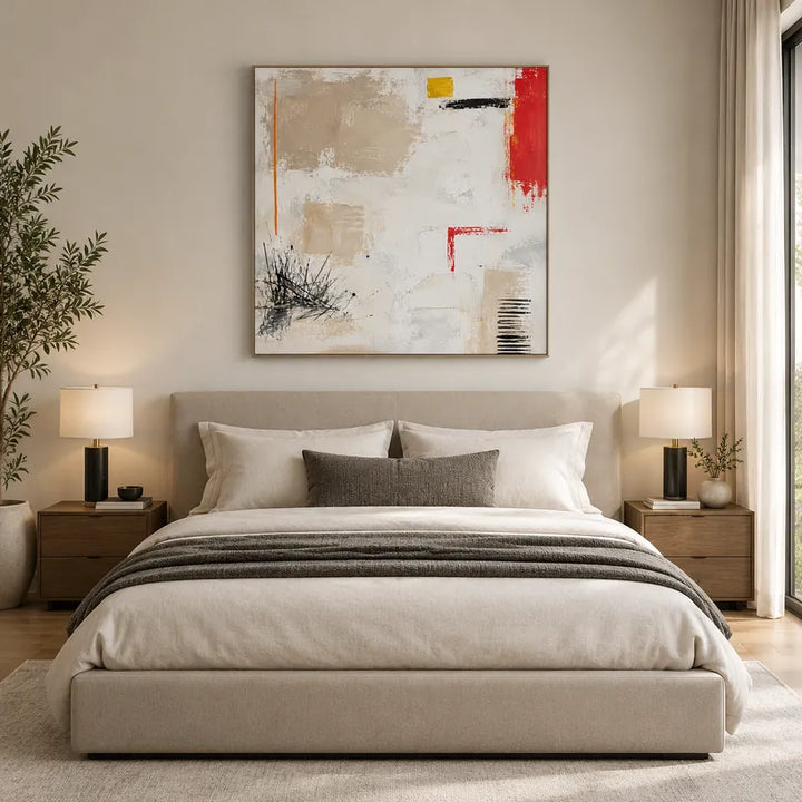 Pittura a olio minimalista astratta e concettuale con segni astratti stratificati, consistenza e movimento pittorico espressivo in una tavolozza beige.