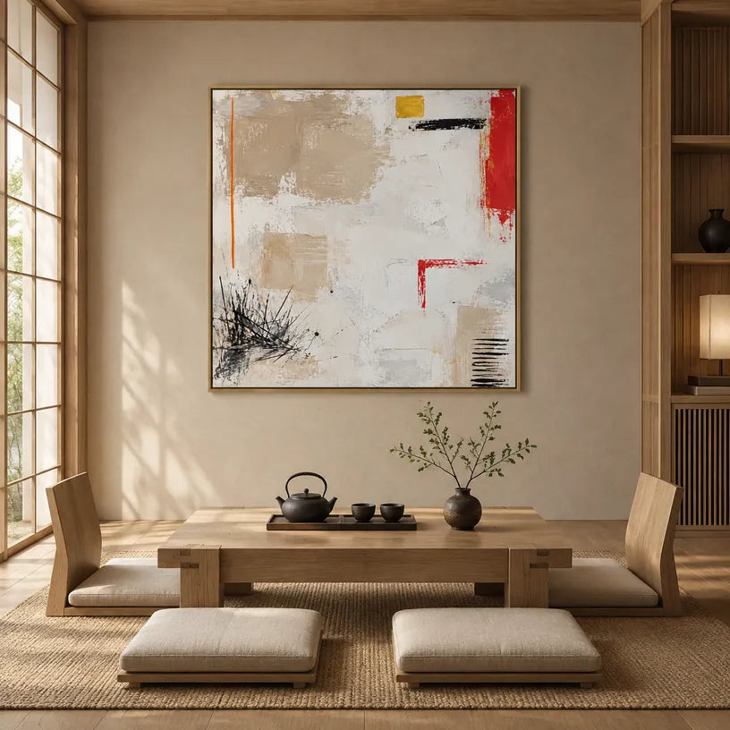 Pintura al óleo minimalista abstracta y conceptual que presenta marcas abstractas en capas, textura y movimiento pictórico expresivo en una paleta beige.