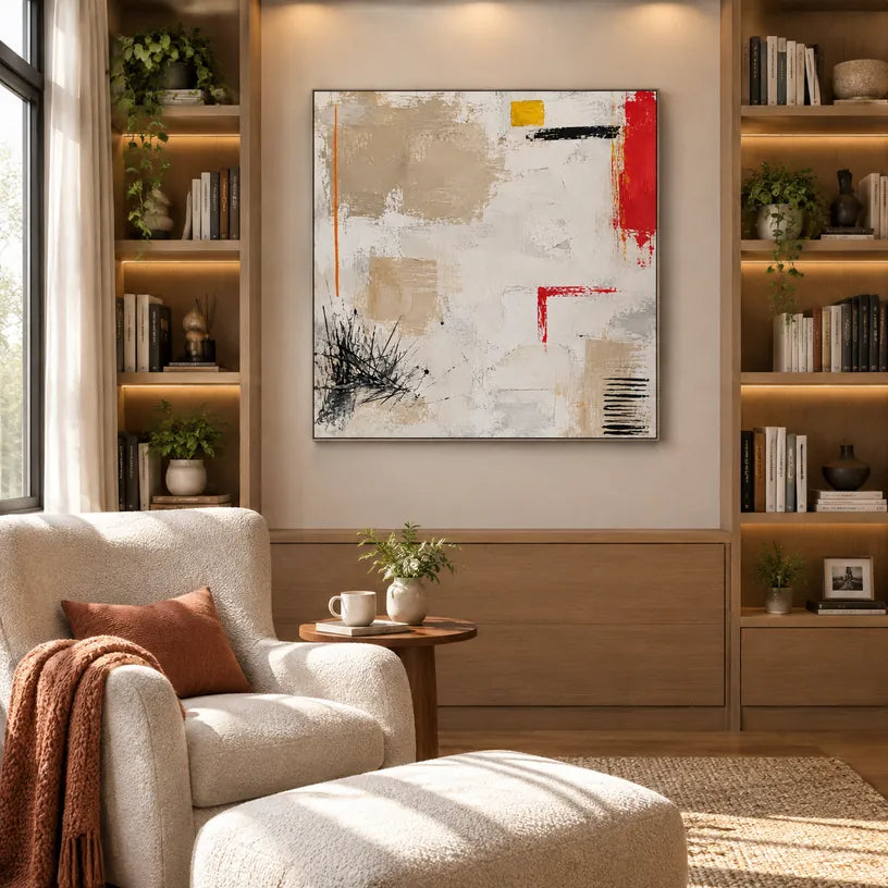 Pintura al óleo minimalista abstracta y conceptual que presenta marcas abstractas en capas, textura y movimiento pictórico expresivo en una paleta beige.