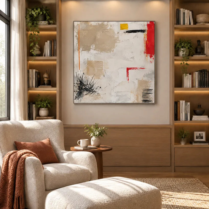 Pintura al óleo minimalista abstracta y conceptual que presenta marcas abstractas en capas, textura y movimiento pictórico expresivo en una paleta beige.