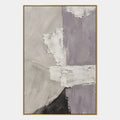 Pittura a olio astratta e concettuale minimalista con segni astratti stratificati, consistenza e movimento pittorico espressivo in una tavolozza grigia.