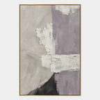 Pittura a olio astratta e concettuale minimalista con segni astratti stratificati, consistenza e movimento pittorico espressivo in una tavolozza grigia.