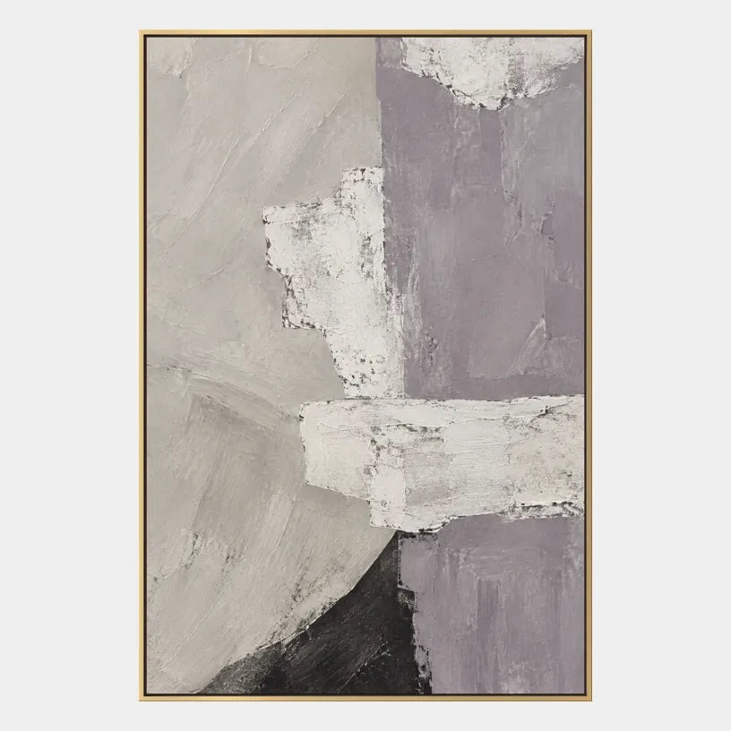 Pittura a olio astratta e concettuale minimalista con segni astratti stratificati, consistenza e movimento pittorico espressivo in una tavolozza grigia.