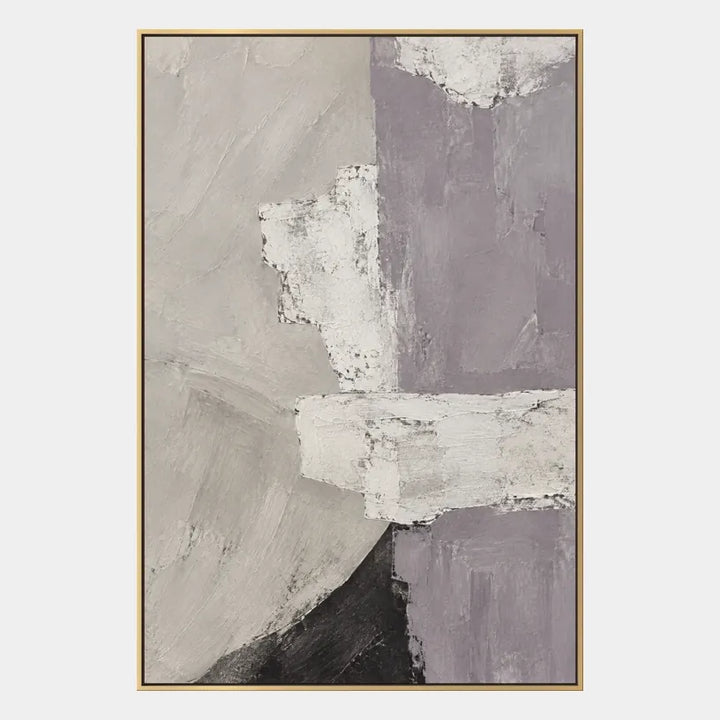 Pittura a olio astratta e concettuale minimalista con segni astratti stratificati, consistenza e movimento pittorico espressivo in una tavolozza grigia.