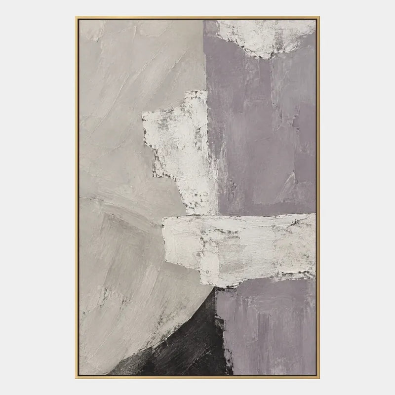 Pittura a olio astratta e concettuale minimalista con segni astratti stratificati, consistenza e movimento pittorico espressivo in una tavolozza grigia.