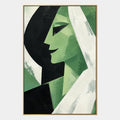 Retrato minimalista y pintura al óleo de figuras que presentan una figura o un retrato expresivo representado con detalles pictóricos en una paleta verde.