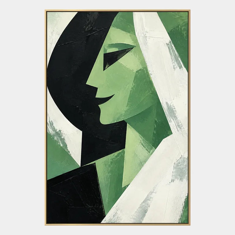 Retrato minimalista y pintura al óleo de figuras que presentan una figura o un retrato expresivo representado con detalles pictóricos en una paleta verde.