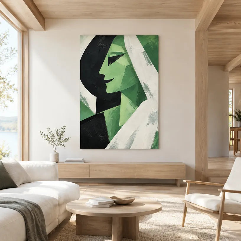 Retrato minimalista y pintura al óleo de figuras que presentan una figura o un retrato expresivo representado con detalles pictóricos en una paleta verde.