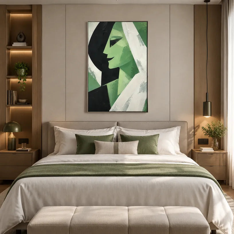 Retrato minimalista y pintura al óleo de figuras que presentan una figura o un retrato expresivo representado con detalles pictóricos en una paleta verde.