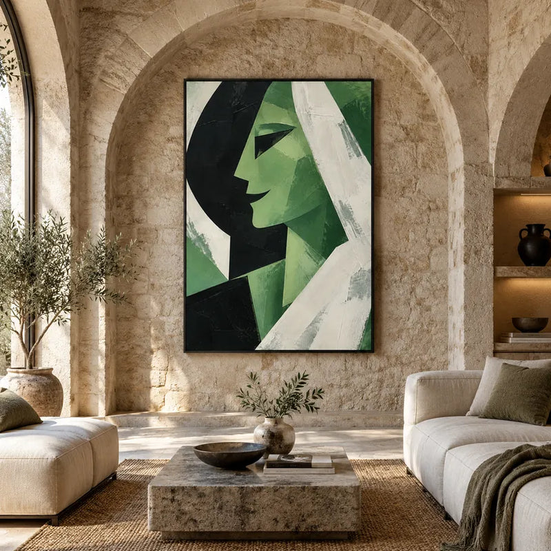 Retrato minimalista y pintura al óleo de figuras que presentan una figura o un retrato expresivo representado con detalles pictóricos en una paleta verde.