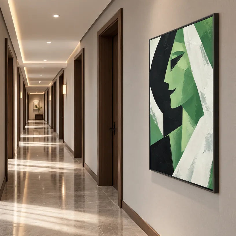 Retrato minimalista y pintura al óleo de figuras que presentan una figura o un retrato expresivo representado con detalles pictóricos en una paleta verde.