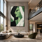 Retrato minimalista y pintura al óleo de figuras que presentan una figura o un retrato expresivo representado con detalles pictóricos en una paleta verde.