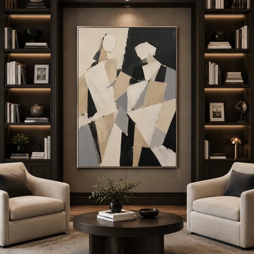 Minimalist portraiture & figure oil painting showing a stylized figure or portrait with expressive painterly shapes in a brown palette.