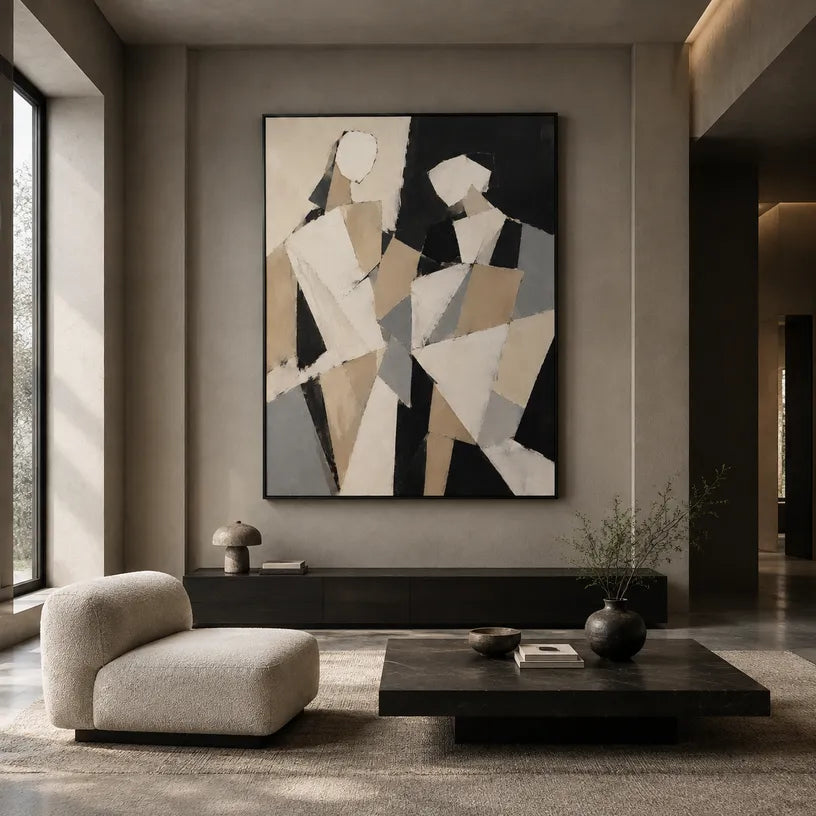 Minimalist portraiture & figure oil painting showing a stylized figure or portrait with expressive painterly shapes in a brown palette.