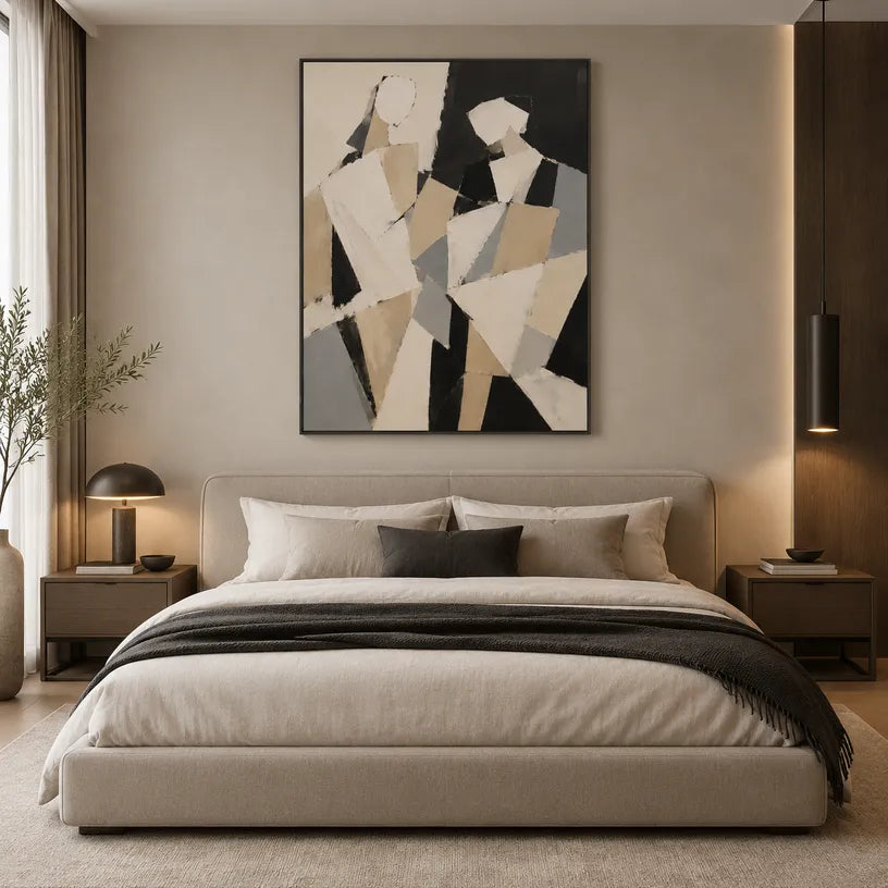 Minimalist portraiture & figure oil painting showing a stylized figure or portrait with expressive painterly shapes in a brown palette.