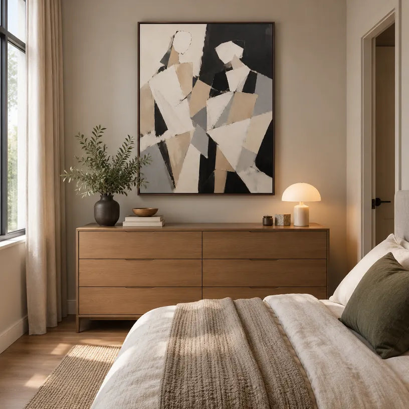 Minimalist portraiture & figure oil painting showing a stylized figure or portrait with expressive painterly shapes in a brown palette.