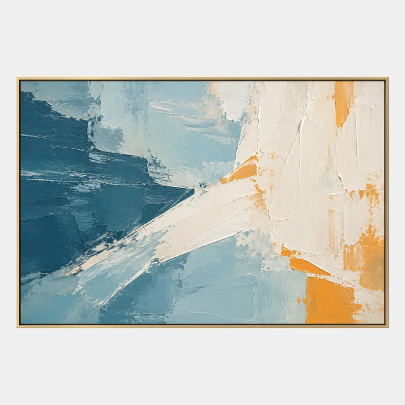 Minimalistisches abstraktes und konzeptuelles Ölgemälde mit geschichteten abstrakten Zeichen, Textur und ausdrucksstarker malerischer Bewegung in einer blauen Palette.