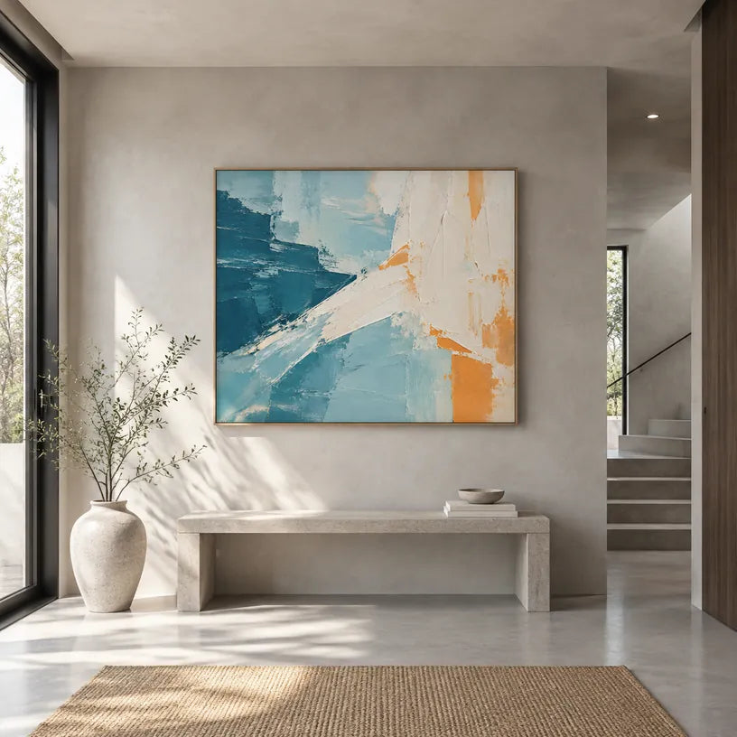 Minimalistisches abstraktes und konzeptuelles Ölgemälde mit geschichteten abstrakten Zeichen, Textur und ausdrucksstarker malerischer Bewegung in einer blauen Palette.
