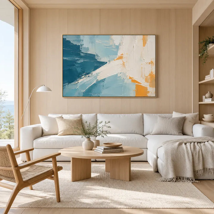 Pittura a olio minimalista astratta e concettuale con segni astratti stratificati, consistenza e movimento pittorico espressivo in una tavolozza blu.
