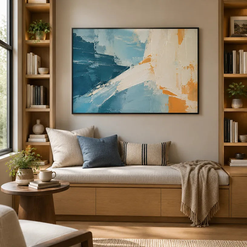 Minimalistisches abstraktes und konzeptuelles Ölgemälde mit geschichteten abstrakten Zeichen, Textur und ausdrucksstarker malerischer Bewegung in einer blauen Palette.