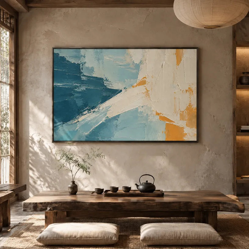 Minimalistisches abstraktes und konzeptuelles Ölgemälde mit geschichteten abstrakten Zeichen, Textur und ausdrucksstarker malerischer Bewegung in einer blauen Palette.