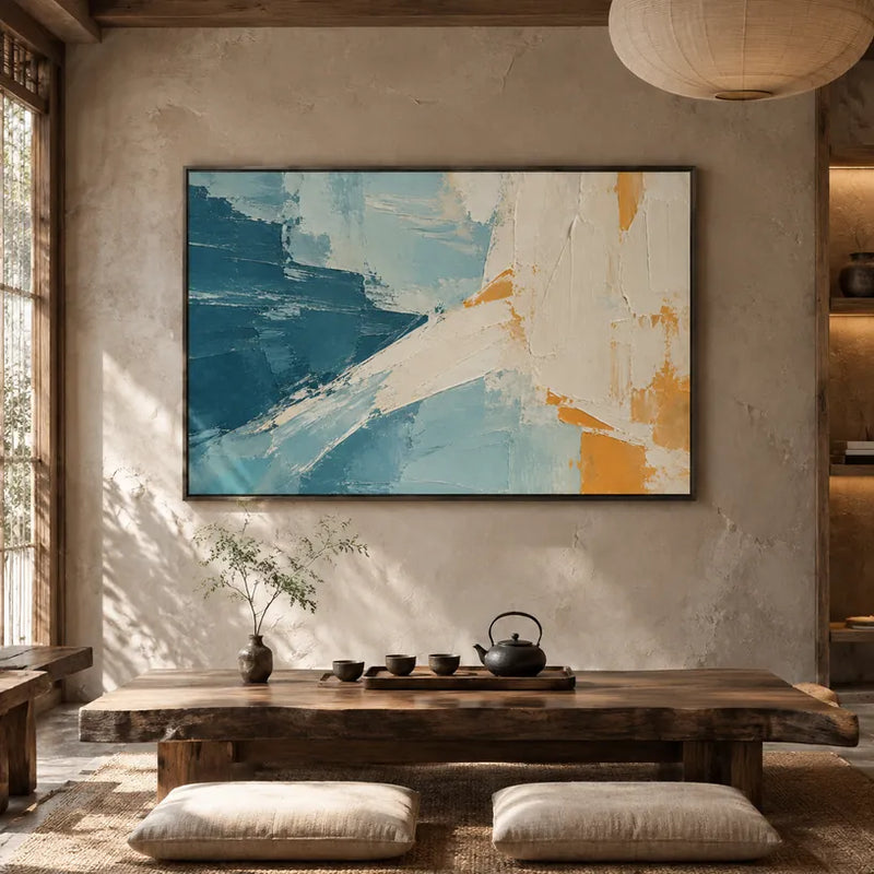 Minimalistisches abstraktes und konzeptuelles Ölgemälde mit geschichteten abstrakten Zeichen, Textur und ausdrucksstarker malerischer Bewegung in einer blauen Palette.