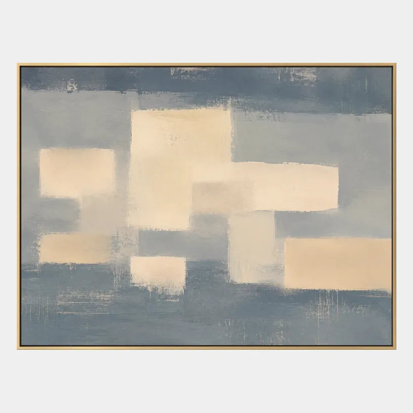 Minimalist abstract oil painting showing layered abstract marks, texture and expressive painterly movement in a grey palette.