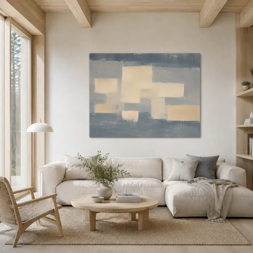 Minimalist abstract oil painting showing layered abstract marks, texture and expressive painterly movement in a grey palette.