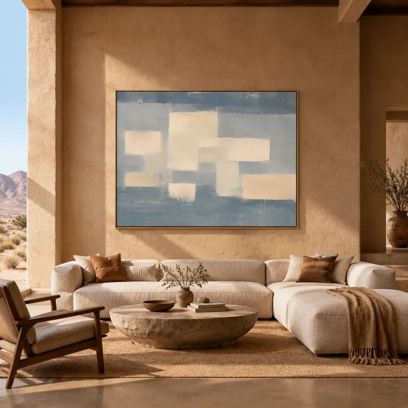 Minimalist abstract oil painting showing layered abstract marks, texture and expressive painterly movement in a grey palette.