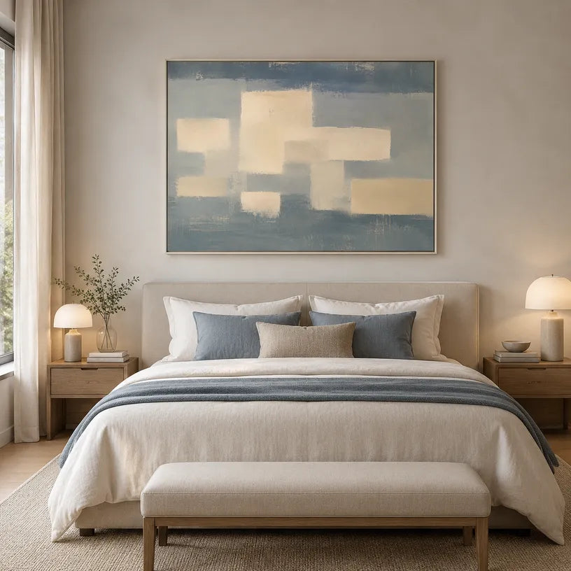 Minimalist abstract oil painting showing layered abstract marks, texture and expressive painterly movement in a grey palette.