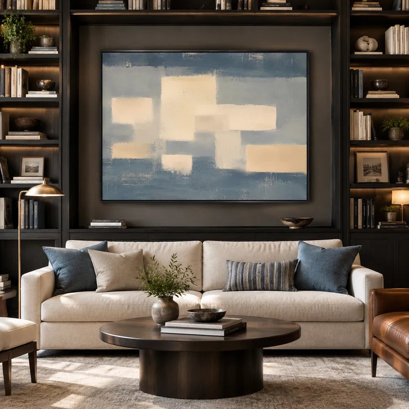 Minimalist abstract oil painting showing layered abstract marks, texture and expressive painterly movement in a grey palette.