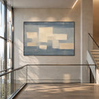 Minimalist abstract oil painting showing layered abstract marks, texture and expressive painterly movement in a grey palette.