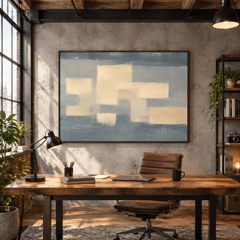 Minimalist abstract oil painting showing layered abstract marks, texture and expressive painterly movement in a grey palette.