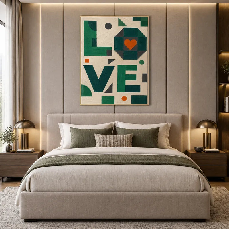 Pintura al óleo de amor minimalista que presenta un tema romántico expresado a través de formas y colores pictóricos en una paleta beige.