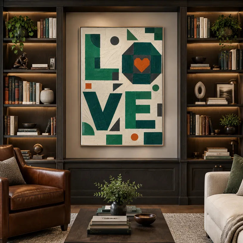 Pintura al óleo de amor minimalista que presenta un tema romántico expresado a través de formas y colores pictóricos en una paleta beige.