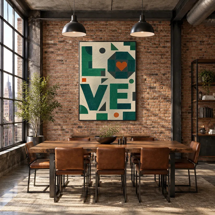 Pintura al óleo de amor minimalista que presenta un tema romántico expresado a través de formas y colores pictóricos en una paleta beige.