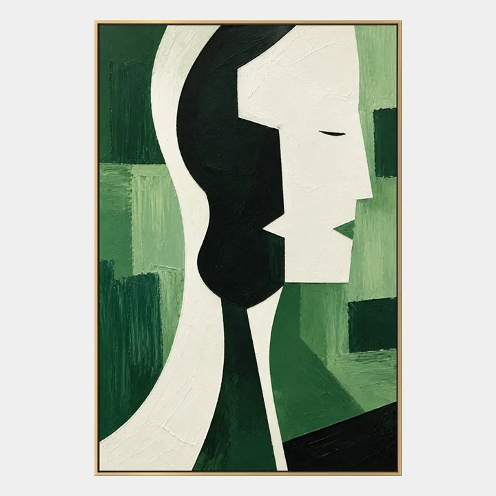 Ritrattistica minimalista e dipinto a olio con figure espressive o ritratti resi con dettagli pittorici in una tavolozza verde.