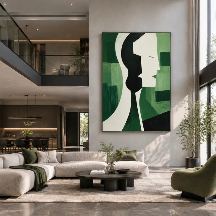 Ritrattistica minimalista e dipinto a olio con figure espressive o ritratti resi con dettagli pittorici in una tavolozza verde.